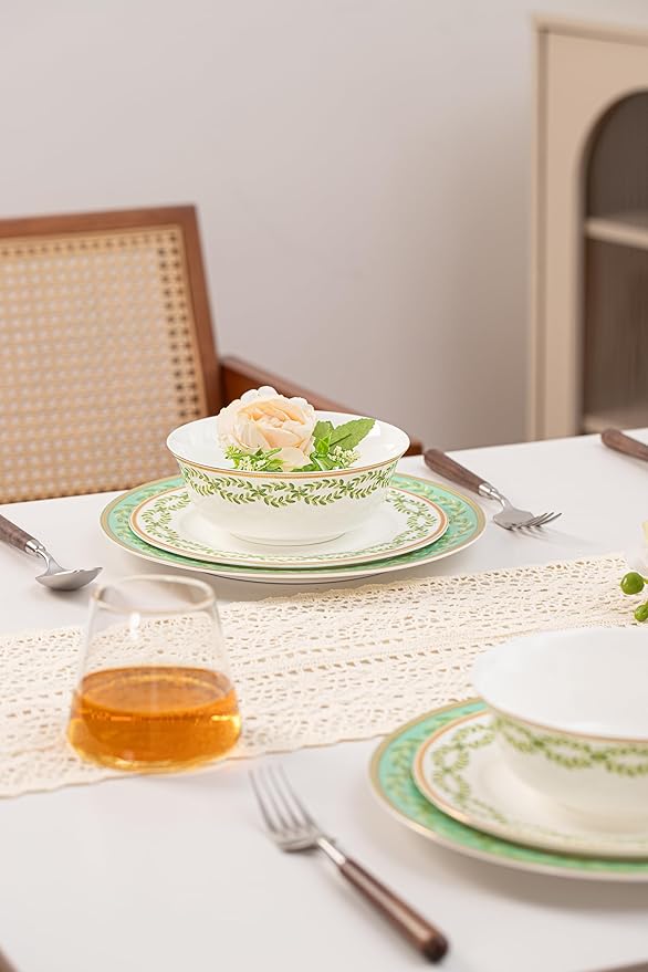 High Bone China Dinnerware Set 12-Piece Artistic Green Plates and Bowls Lightweight &amp Chip Resistant Ceramic Service for 4 Dishwasher Safe Elegant Kitchen Dining