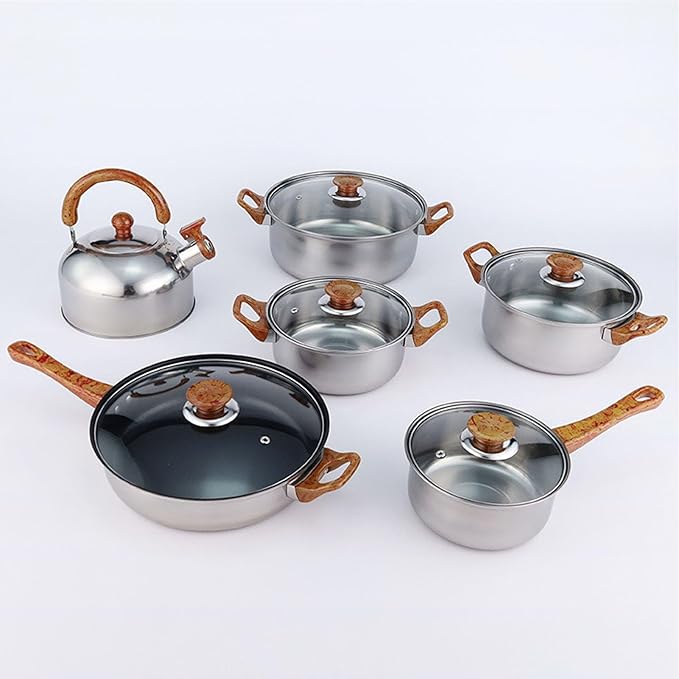 Yosoo 3 Stainless Steel Pots Set Imitation Wood Handles Cookware Kitchen Supplies for Induction Cooktops and Gas Stoves