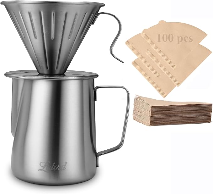 Pour Over Coffee Maker 304 Stainless Steel wIth 100 pcs Paper Filters &amp 600ml Milk Frothing Pitcher for Home &amp Camping