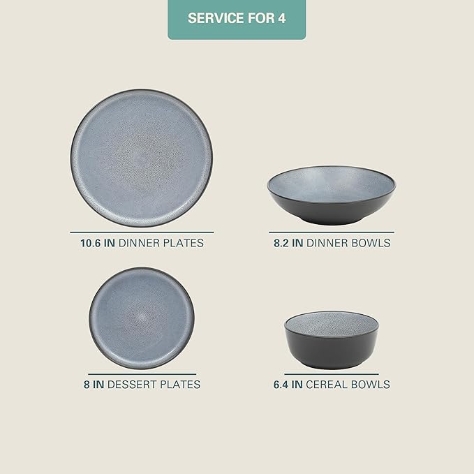 Gibson Elite Tribeca Loft 16-Piece Dinnerware Set – Matte Black and Blue Reactive Glaze Stoneware Double Bowl Round Plates and Bowls – Modern Rustic Dinnerware for 4 Dishwasher &amp Microwave Safe