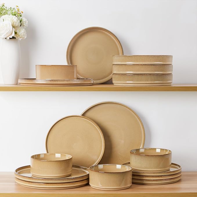 LIANYU 8 Piece Dinnerware Plates and Bowls for 2 Ceramic Elegant Stoneware Dishes Sets with Pasta Bowls Modern Ribbed Dining Ware Dishware for Restaurant Wedding Dishwasher Safe Dune Khaki