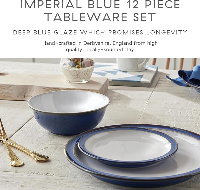 Denby - Imperial Blue Dinner Set for 4-12 Piece Ceramic Tableware Set Blue White - Dishwasher Microwave Safe Crockery Set - 4 x Dinner Plate 4 x Small Plate 4 x Cereal Bowl