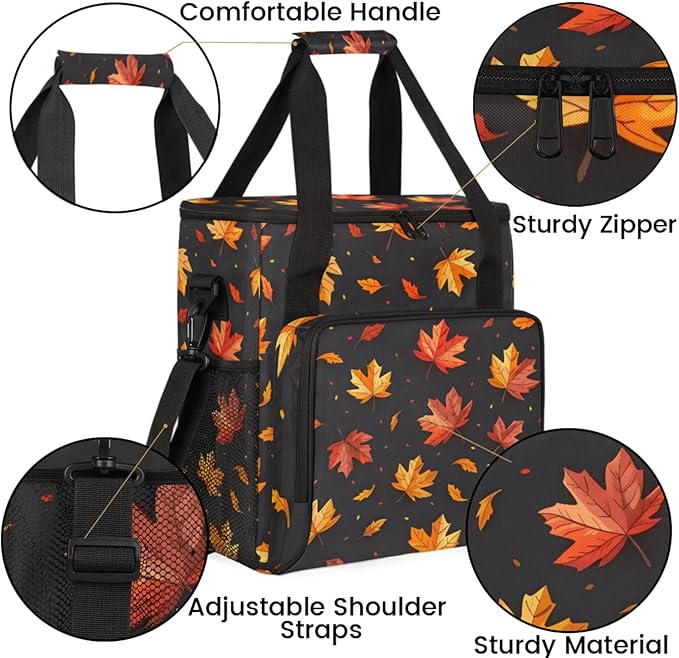 Maple Leaf Theme Coffee Maker Travel Bag for Keurig K-Mini/K-Mini Plus Insulated Waterproof Tote with Pockets for K-Cup Portable Single-Serve Brewer Case