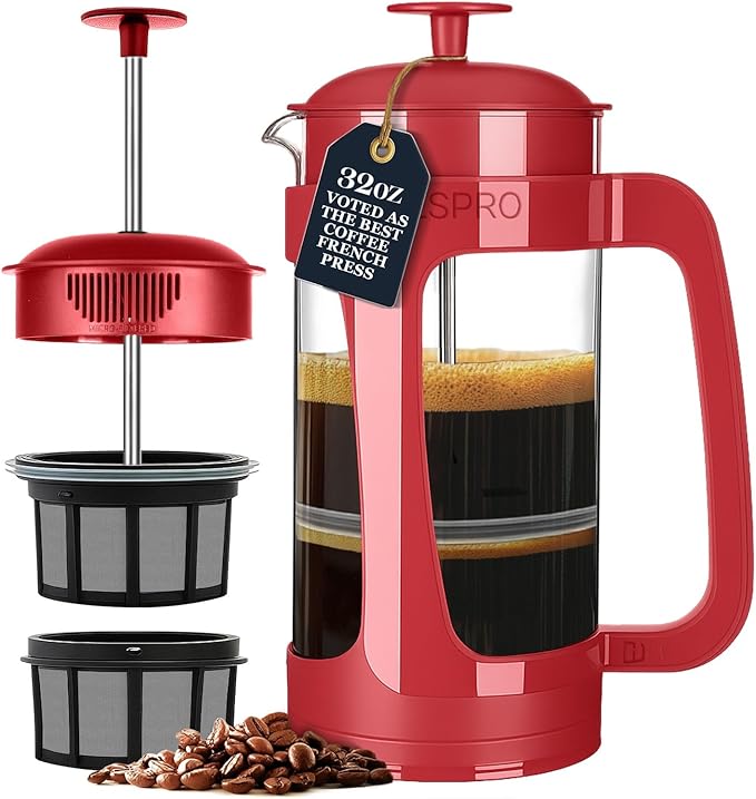 ESPRO P3 French Press Coffee Maker – Patented Double Micro-Filter for Grit-Free Brew Heat Resistant thicker Borosilicate Glass Coffee press – Red (32oz)