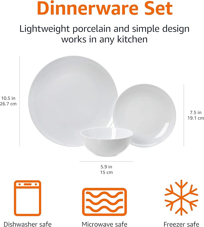 Amazon Basics 18-Piece Complete Kitchen Dinnerware Set Microwave and Dishwasher Safe Plates Dishes Bowls for Everyday Use Service for 6 White Porcelain Coupe