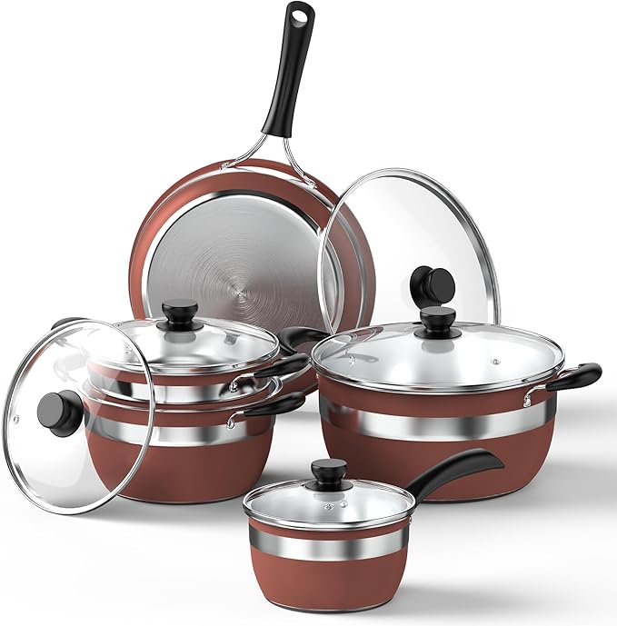 VBGK Pots and Pans Set Stainless Steel Cookware Set 10 PieceNon Toxic Kitchen Induction Cookware SetKitchen Cooking Set with Tempered Glass lid &amp Stay-Cool HandleDishwasher Oven SafeStackable