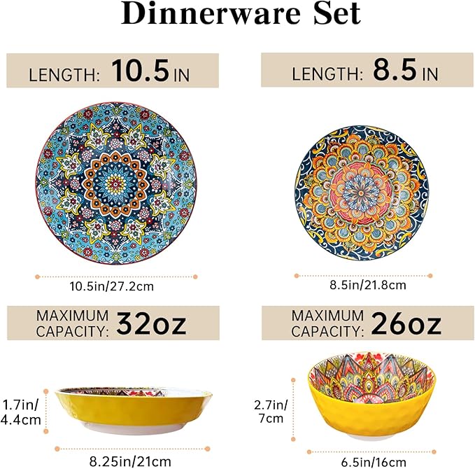 24 Pieces Dinnerware Sets Ceramic Plates and Bowls Set Microwave and Dishwasher Safe Scratch Resistant Bohemian Style Dishware Set Service for 6