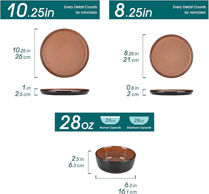vancasso Plates and Bowls Sets 24 Pieces Stoneware Dinnerware Sets for 8 Kitchen Dish Set Mircowave and Dishwasher Safe Ceramic Dishware Dark Brown Series AMBER