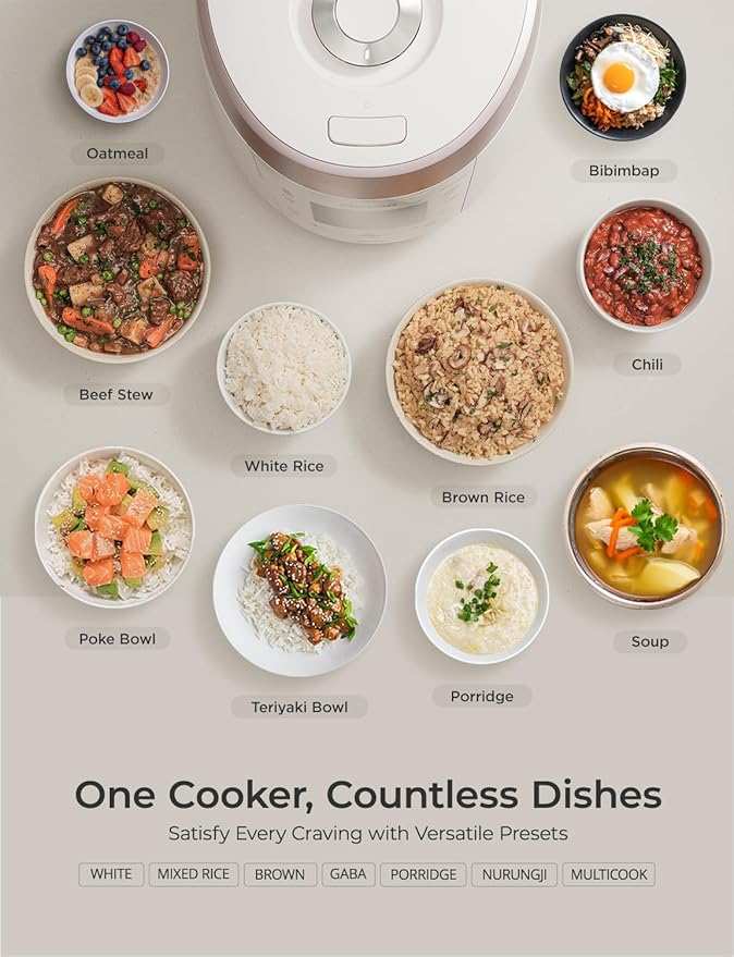CUCKOO High Pressure Rice Cooker 10-Cup Uncooked / 20-Cup Cooked with Nonstick Inner Pot Large Rice Maker with 13 Menu Options and Steam Plate Fuzzy Logic Tech Voice Guide White (CRP-P1009SW)