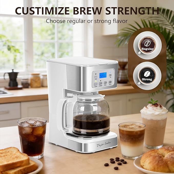 Taylor Swoden 12-Cup Programmable Coffee Maker Regular &amp Strong Brew Drip Coffee Machine for Home and Office Glass Carafe Pause &amp Serve Auto Shut Off White &amp Stainless Steel