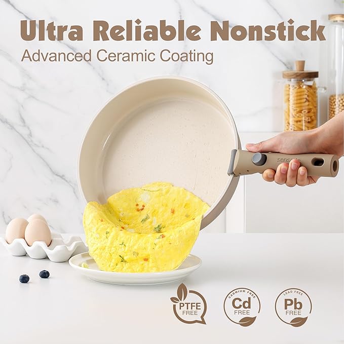 SENSARTE 24 Piece Ceramic Pots and Pans Set Nonstick Detachable Handle Cookware Induction Cookware Set with Removable Handle Healthy Non Stick for RV Dishwasher＆Oven Safe PFOA Free (Almond Beige)