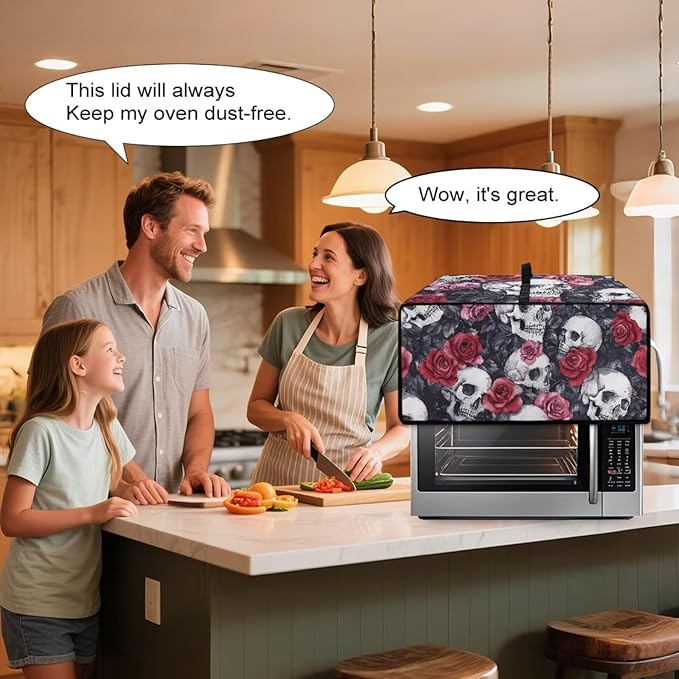 Skull Rose Print Toaster Oven Dust Cover for Kitchen Counter Decorative Washable Toaster Oven Air Fryer Cover Dust Protection 18.5 x 14.5 x 9 Grey and Red