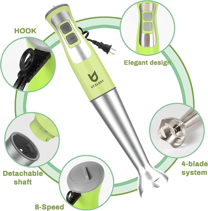 Immersion Hand Blender UTALENT 5-in-1 8-Speed Stick Blender with 500ml Food Grinder BPA-Free 600ml ContainerMilk FrotherEgg WhiskPuree Infant Food Smoothies Sauces and Soups - Green