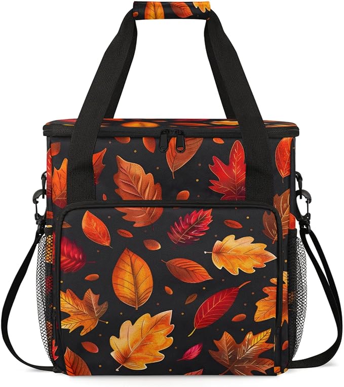 Fall Leaves Theme Coffee Maker Travel Bag for Keurig K-Mini/K-Mini Plus Insulated Waterproof Tote with Pockets for K-Cup Portable Single-Serve Brewer Case