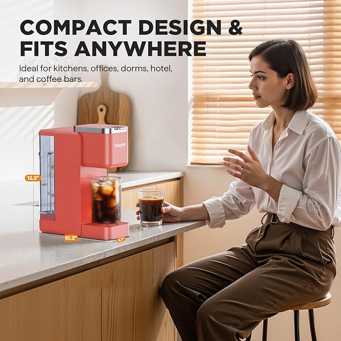 Single Serve Coffee Maker Iced and Hot Coffee Machine for K Cup &amp Grounds Compact Design 40oz Removable Water Reservoir 6 to 24 Oz Brew Sizes Fits 7.3 Travel Mug Salmon