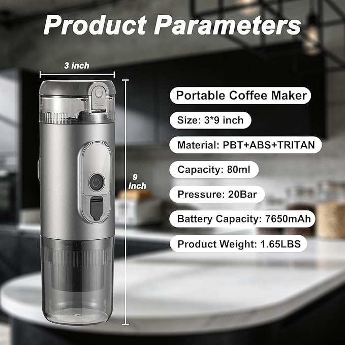 Portable Electric Espresso Machine Travel Coffee Maker 20 bar Mini Espresso Self-Heating Car Coffee Maker Compatible with Ground Coffee &amp NS Capsule for Camping RV Hiking Offic Gray