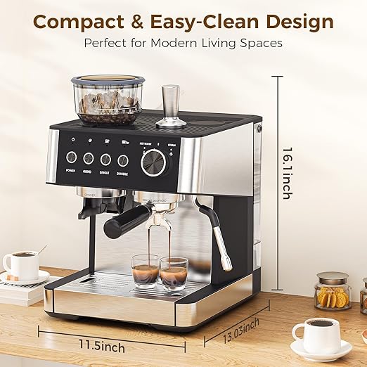 COWSAR (2025 New) Espresso Machines with Built-in Anti-Clog 20 Bar Expresso Coffee Machines with Milk Frother Steam Wand Commercial Espresso Machine with Grinder for Latte Cappuccino Americano