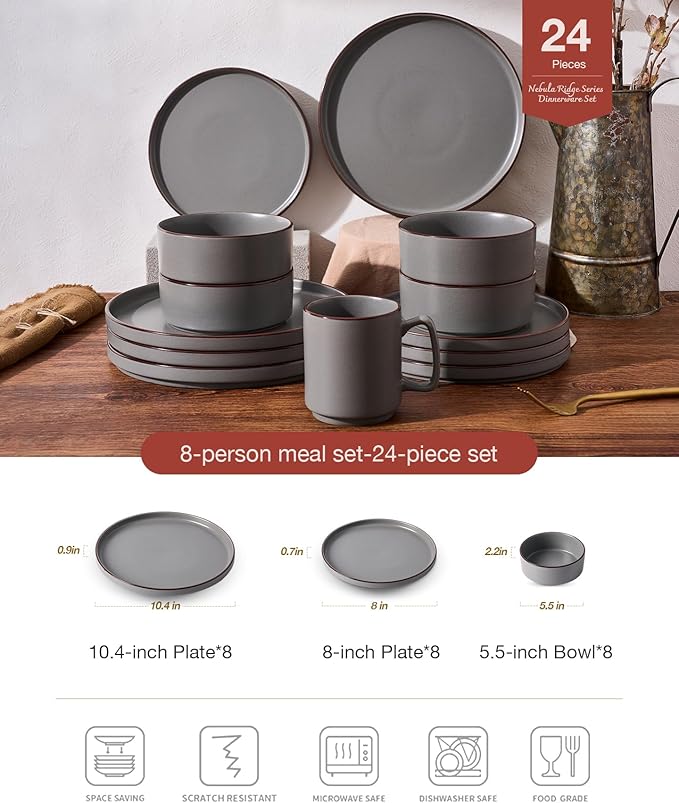 Famiware Nebula Ridge Stoneware Dinnerware Sets for 8 24 Pieces Plates and Bowls Sets Dishes Set Microwave and Dishwasher Safe Kitchen Plates Dark Gray