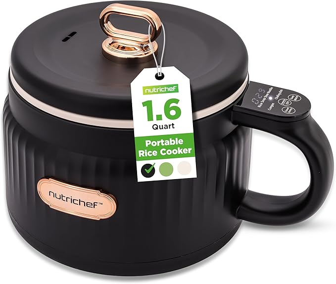 NutriChef 1.6 QT Portable Electric Rice Cooker &amp Lunch Maker | Multi-Functional &amp Non-Stick Ceramic Coating | Digital Control Panel | 6 Cook Functions: Rice Soup Stew Porridge &amp More |