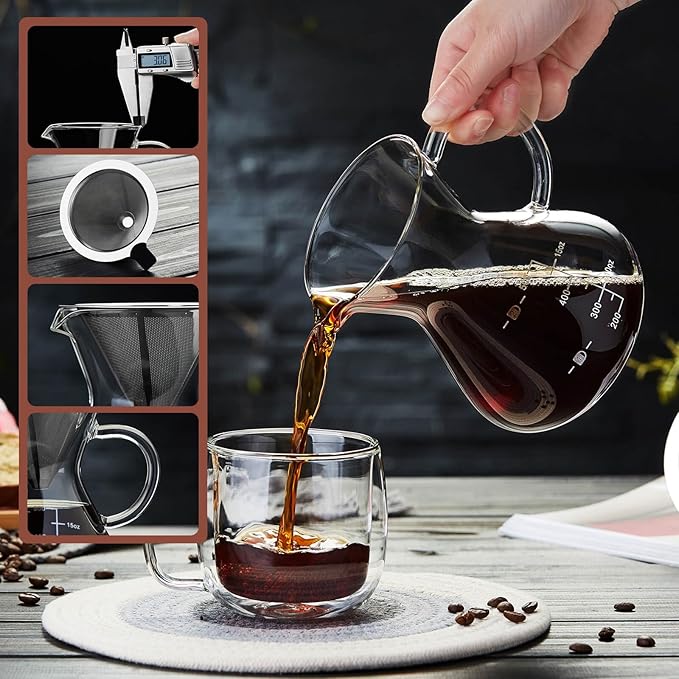 Unbreakable - Pour Over Coffee Maker with Double Stainless Filter 17oz Thickened Heat-Resistant Borosilicate Glass Dripper Coffee Pour Over Stovetop Safe