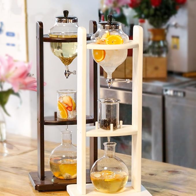 Ice Drip Coffee Maker 1.25L/42.27oz Large Capacity Cold Brew Coffee Maker with Slow Drip Technology Wood Frame and Glass Pot for Home &amp Office Makes 10-12 Cups