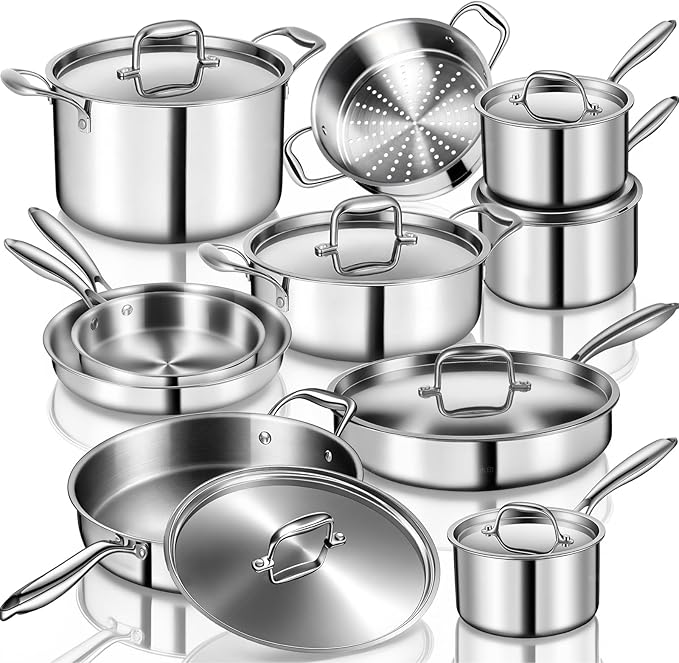 EWFEN Stainless Steel Cookware Set 3 Ply 17 Piece Stainless Steel Pot and Pan Set Oven Dishwasher Safe | Induction Compatible Frying Pans Saucepans Saute Pan &amp Stock Pot PFOA PTFE &amp PFOS