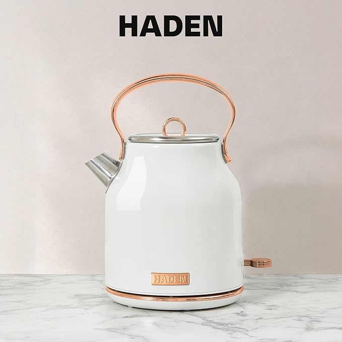HADEN Coffee Machine 12 Cup Drip Coffee Maker Bundled with Heritage 1.7 Liter Stainless Steel Electric Kettle Ivory &amp Copper
