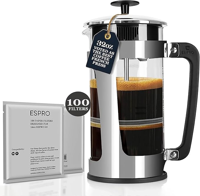 ESPRO French Press Bundle - P5 Stainless Steel French Press with 100 Count Coffee Paper Filters