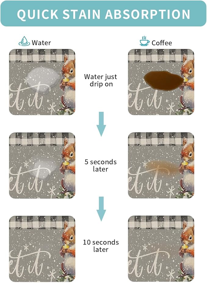 Coffee Mat Coffee Bar Mat for Countertops Christmas Watercolor Squirrel with Xmas Tree Grey Absorbent Coffee Maker Mat Rubber Backed Dish Drying Mat for Coffee Espresso Machine Coffee Maker 18x28