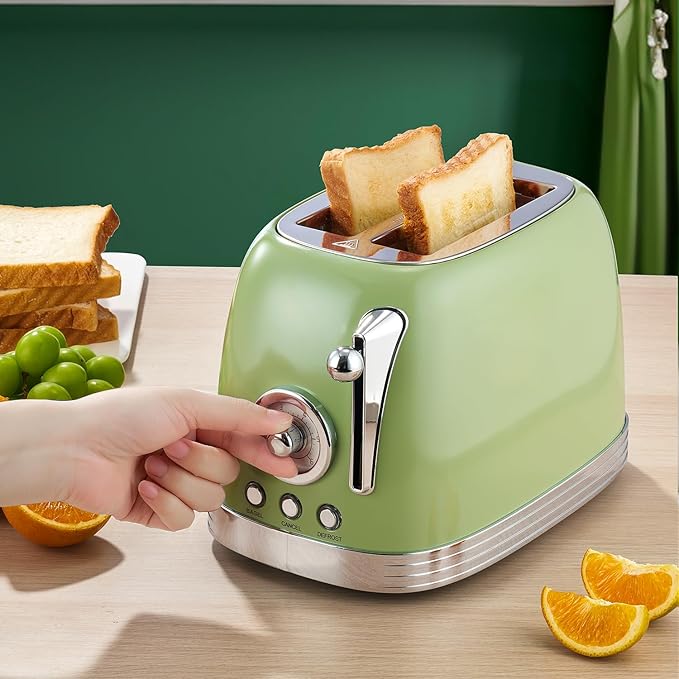 Green Cute Retro Toaster 2 Slice with 1.58 Wide Slots with Stainless Steel Lid with Warming Rack Preheat Defrost Countdown Timer Display