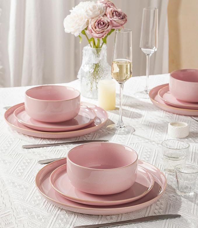 TheTerra Ceramic Dinnerware Sets for 4 12 Pieces Handmade Reactive Glaze Plates and Bowls Set Scratch Resistant Dish Set Oven &amp Microwave &amp Dishwasher Safe Sakura Pink
