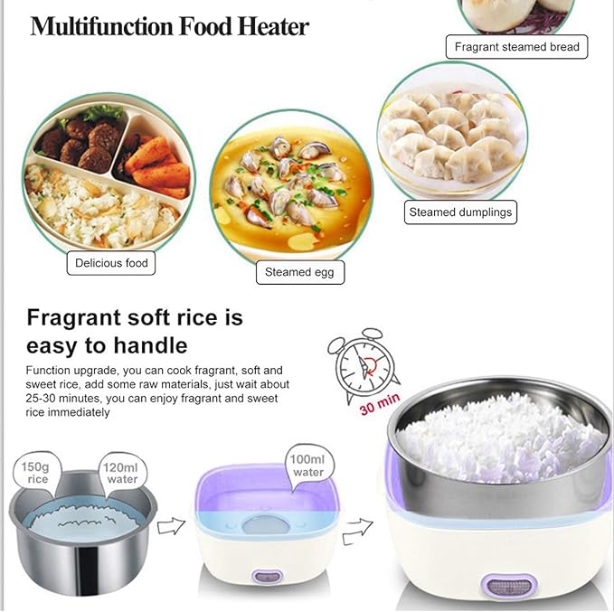 Rice Cooker Electric Lunch Box Portable Food Lunch Heater Food Steamer With Egg Steamer Rack And Stainless Steel Containers