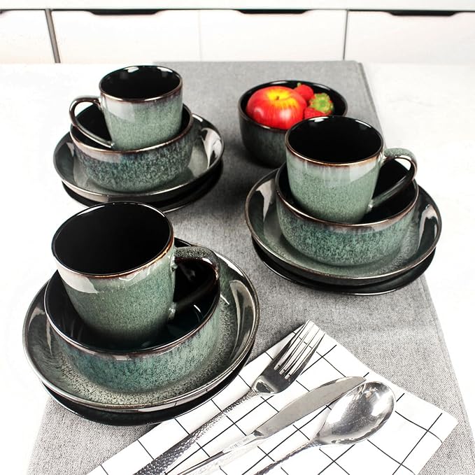 Dinnerware Sets(16Pcs) Serves for 4 Reactive Glaze Plates and Bowls Set with Mug7.9Small Plate8.3Salad Plate5.5bowl Modern kitchen tablewareMicrowave safe Set No.4