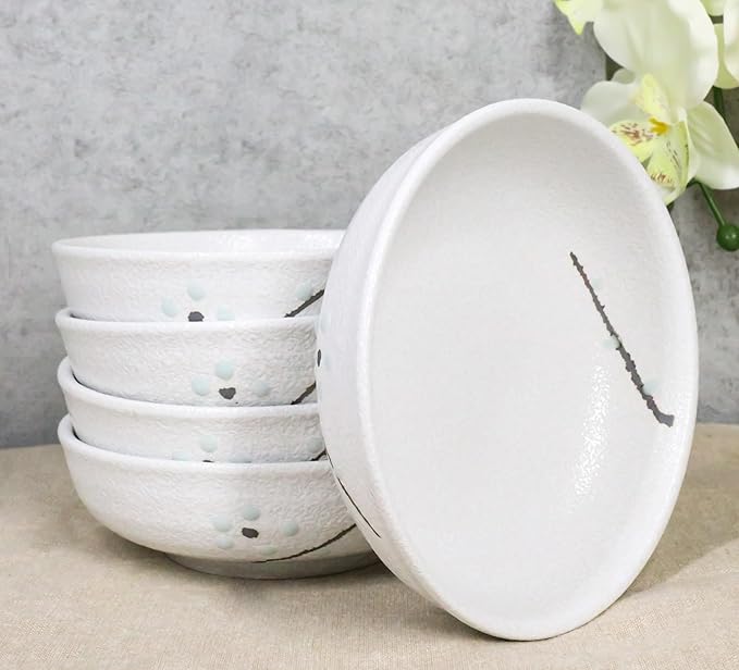 Ebros Gift Modern Yukino Hana Snow Flowers Ceramic Dinnerware Serveware Kitchenware Set Oriental Asian Restaurant Supply (Pack Of 5 Soup Salad Rice Shallow Bowls Deep Plates 10oz)
