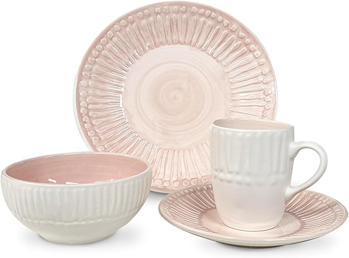 ARTESA Color Full Macao Melon Handmade Dinnerware 4-Piece Pink and White Ceramic 11.4-Inch Plates 7.8-Inch Plates Bowl Cup Microwave Safe