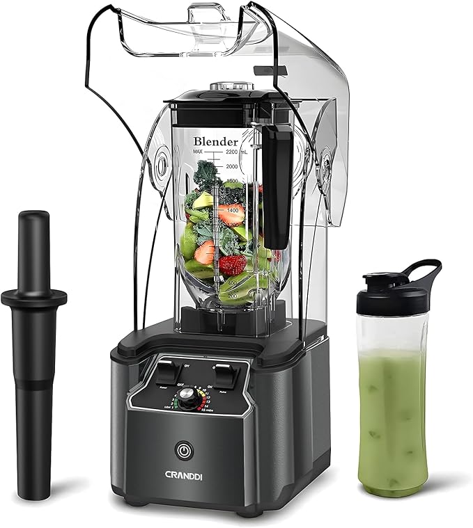 CRANDDI Quiet Commercial Blender with Soundproof Shield 2200 Watt Professional Blenders for Kitchen with 80oz Pitcher and Self-Cleaning High-Speed Blenders K90 Grey