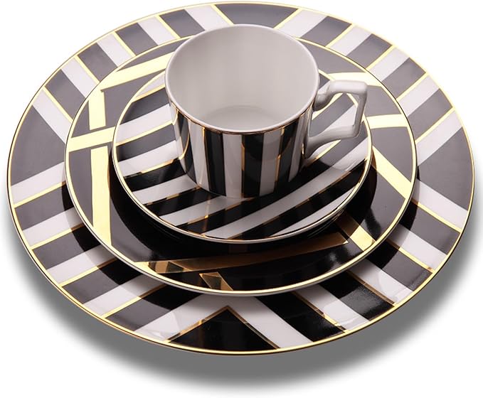 European Style Dinnerware Set Service for 6 Bone China Dinnerware Sets Unbreakable Porcelain Dinner Sets Coffee Cup and Saucer Tableware Set Steak Dinner Plates Dish Set Black stroke gold-7