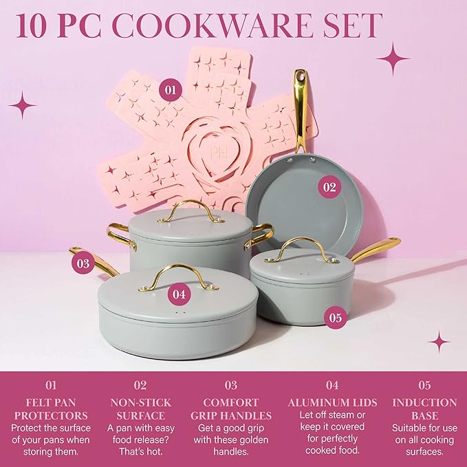 Paris Hilton Iconic Nonstick Pots and Pans Set Multi-layer Nonstick Coating Matching Lids With Gold Handles Made without PFOA Dishwasher Safe Cookware Set 10-Piece Light Gray