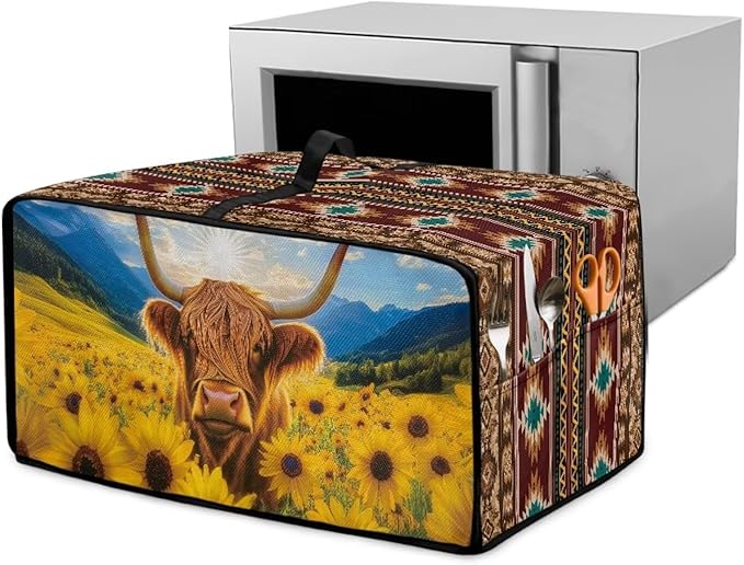 Highland Cattle Sunflower Print Toaster Oven Dust Cover for Kitchen Counter Aztec Print Heavy Duty Heat-resistant Air Fryer Oven Protective Cover (Large-18.5×22.5×12.99 inches)