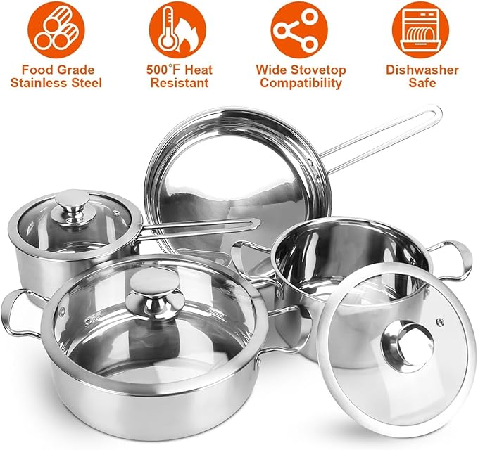 Stainless steel cookware set fast and uniform heating induction cooker set dishwasher safety belt 2.7/3.7 quart stew pot 2 quart sauce pot 9.17 inch frying pan