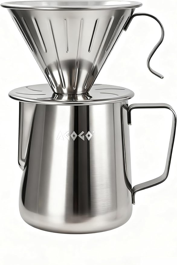 AGOGO Portable Pour Over Coffee Maker V60 Set - Easy Cleaning Compact 304 Stainless Steel Dripper for Camping &amp 50 Filters Paper &amp Barista Towel-Silvery-20oz/600ml