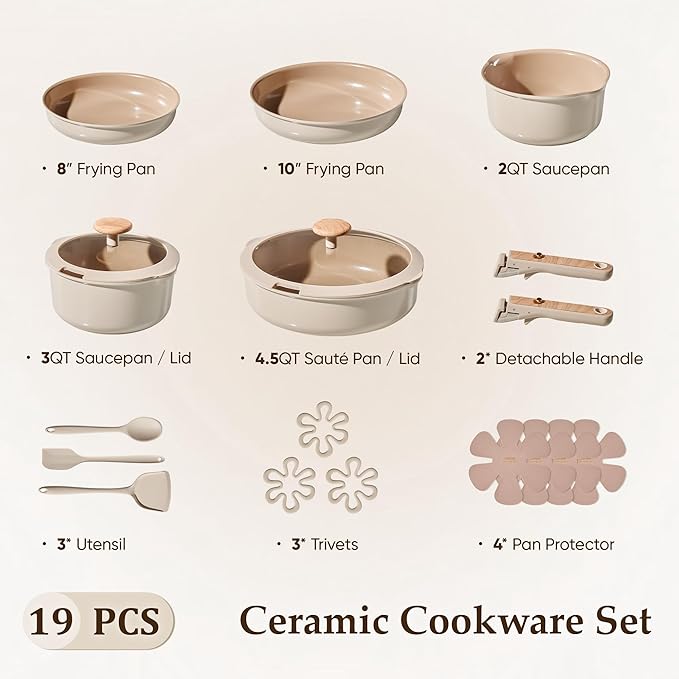 CAROTE 19PCS Ceramic Nonstick Cookware Set Pots and Pans Set with Detachable Handle PFAS-Free Non-Toxic Induction &amp Oven Safe Stackable Space-Saving Taupe