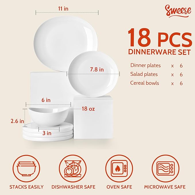 Sweese 18-Piece Dinnerware Sets for 6 Porcelain Plates and Bowls Set Scratch Resistant Dishes Microwave and Oven Safe Dishware Snow White