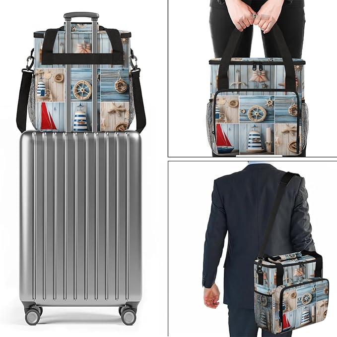 Ocean Beach Theme Travel Coffee Maker Carrying Bag Large Organizer Storage Tote Bag Insulated Reusable Cooler Grocery Bags
