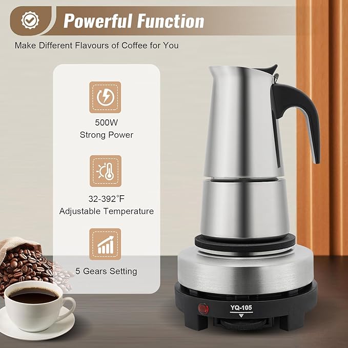200ml Moka Pot Coffee Maker Stainless Steel 4-Cup Mini Coffee Machine Quick Brew with 5 Gears 32-392℉ Cafe Percolator Hot Water Urn for Offices Catering Church