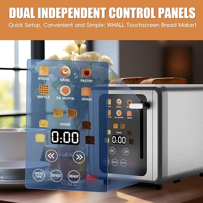 WHALL Touch Screen Toaster 2 Slice 1.5'' Extra Wide Slot Smart Toaster with Digital Timer 6 Bread Types &amp 6 Shade Settings Crumb Tray Reheat/Defrost Stainless Steel Bread Toasters Silver