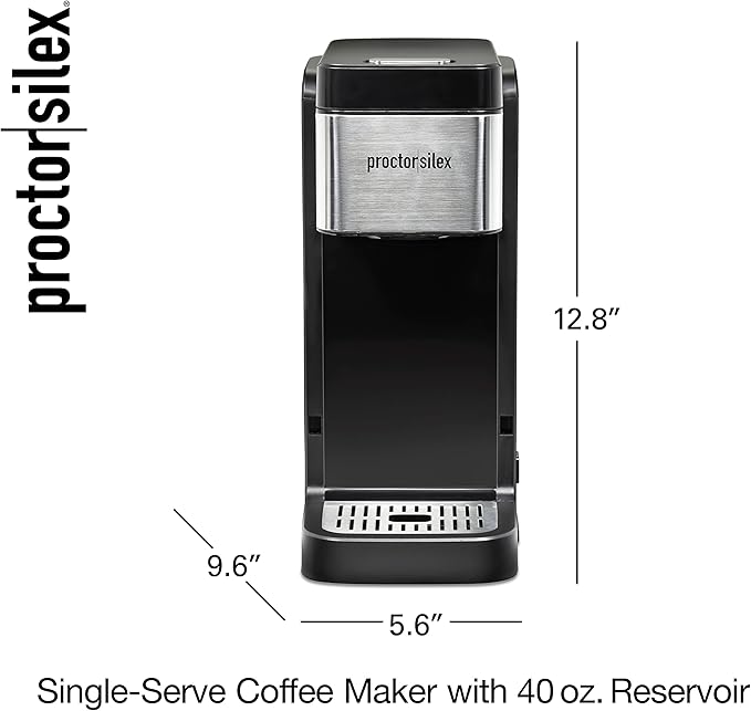 Proctor-Silex Single-Serve Coffee Maker Compatible with Pod Packs and Grounds 40 oz. Reservoir Makes Four 10 oz. Cups Without Refilling Black &amp Stainless Steel (49919)