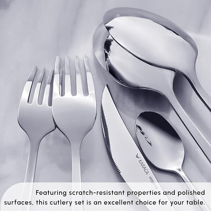 Karaca Tivoli Silver 30-Piece Cutlery Set for 6 People 18/10 Stainless Steel Cutlery Set Heat Resistant Corrosion Resistant 3mm Thick Silver