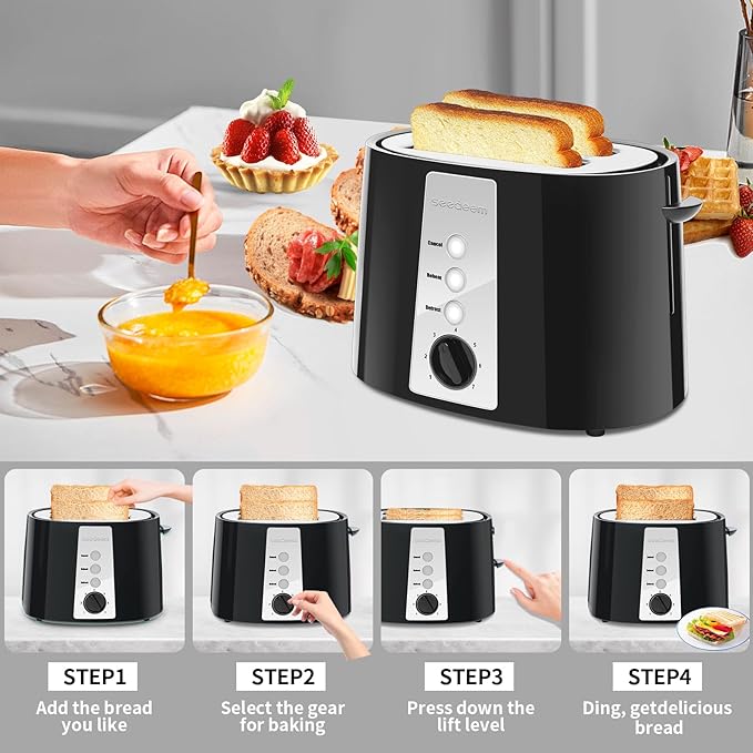 SEEDEEM Toaster 2 Slice 7 Shade Settings Bread Toaster with Cancel Defrost Reheat Function Extra Wide Slots for Waffle or Bagel Removable Crumb Tray 750W Classic Black