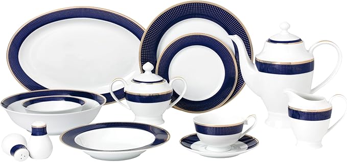HOMEHUT 57 Piece Dinnerware Set-Bone China - Elegant Navy and Gold Design Lightweight Yet Durable Perfect for Formal Dining and Entertaining Guests Service for 8 people